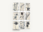 Nine Grey Botanical Panels, grey botanical study grid panels, floral canvas wall art print ready to hang