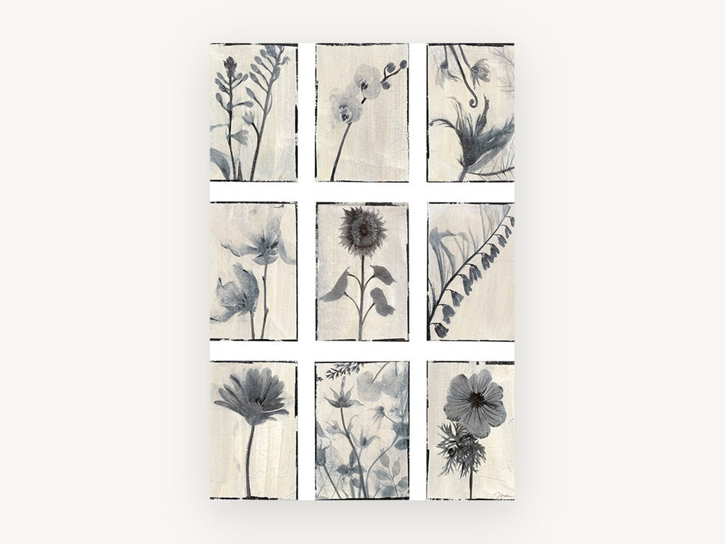 Nine Grey Botanical Panels, floral canvas wall art print, front view