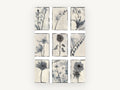 Nine Grey Botanical Panels, floral canvas wall art print, front view