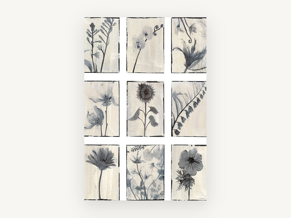 Nine Grey Botanical Panels, floral canvas wall art print, front view