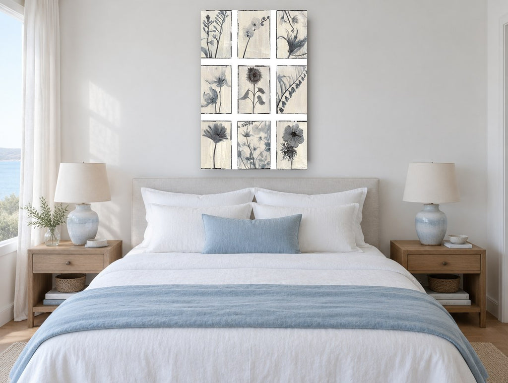 Nine Grey Botanical Panels floral canvas print on the wall of a coastal bedroom