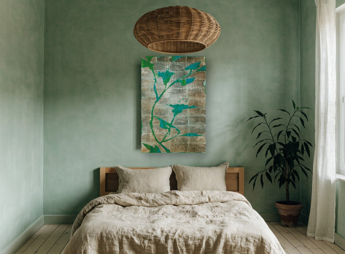 Silver Leaf Vines floral canvas print on the wall of a bedroom