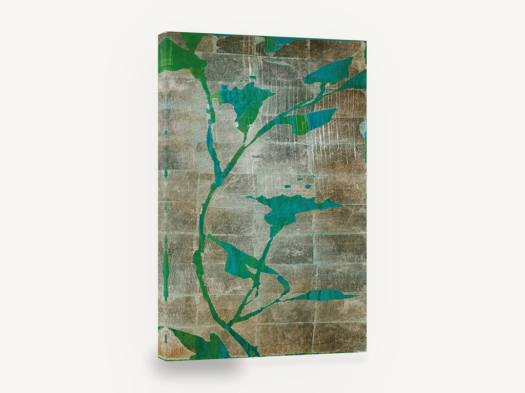 Silver Leaf Vines, green teal leaf silhouette metallic abstract, floral canvas wall art print ready to hang