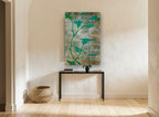 Silver Leaf Vines floral canvas print on the wall of a hallway