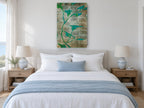 Silver Leaf Vines floral canvas print on the wall of a coastal bedroom