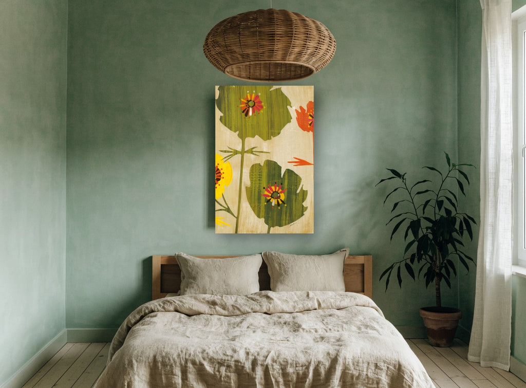 Retro Poppy Silhouettes floral canvas print on the wall of a bedroom