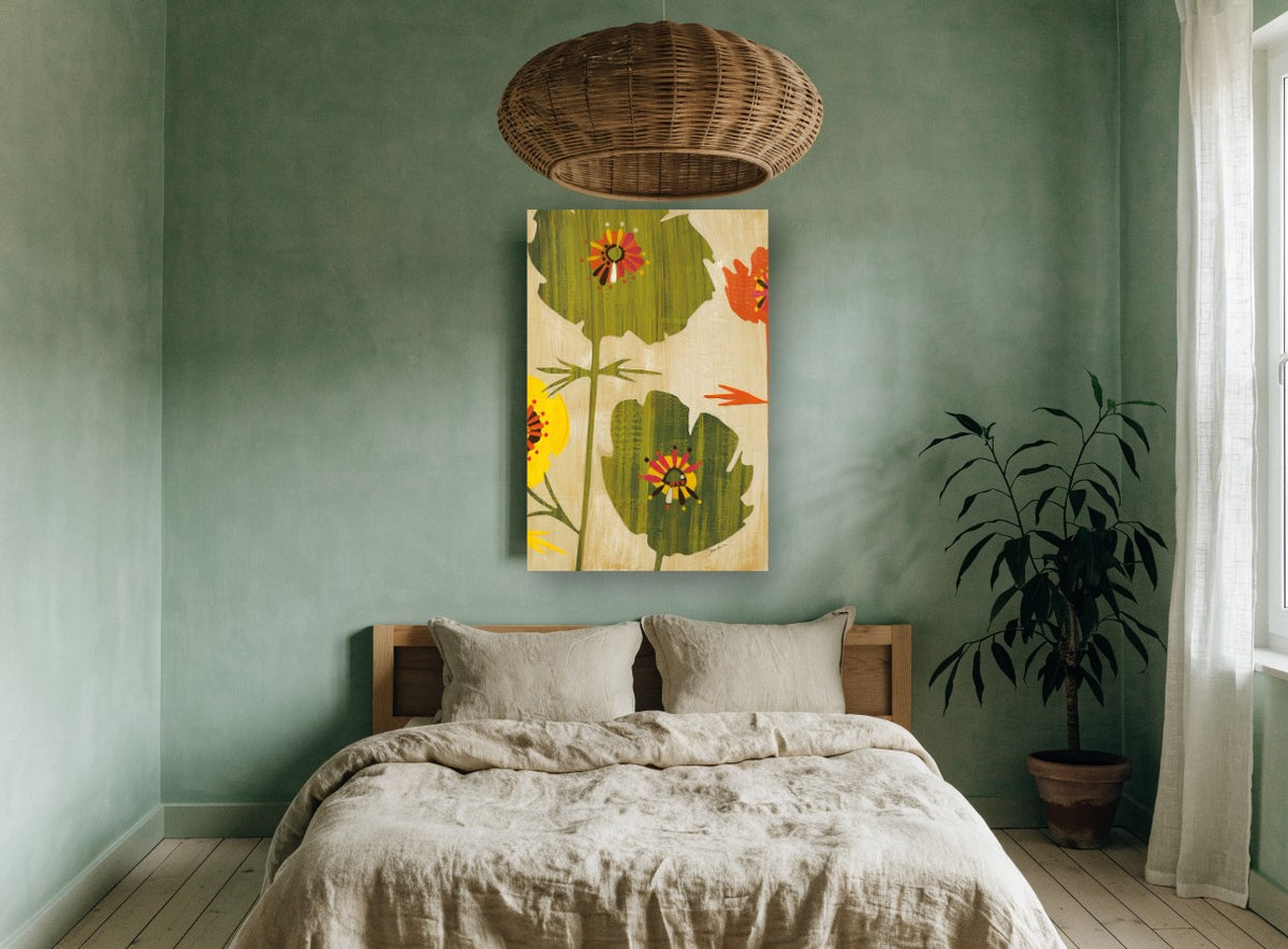 Retro Poppy Silhouettes floral canvas print on the wall of a bedroom