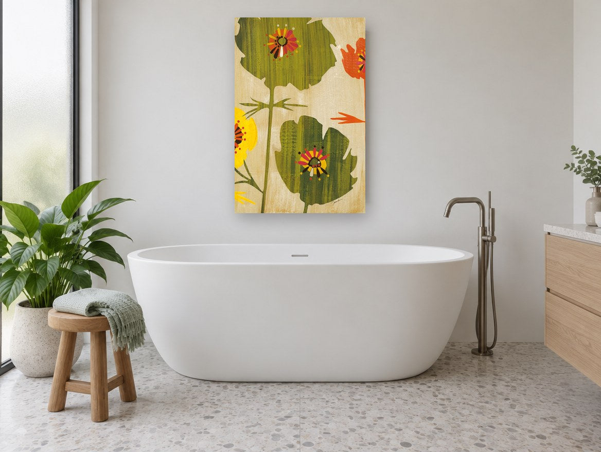 Retro Poppy Silhouettes floral canvas print on the wall of a bathroom
