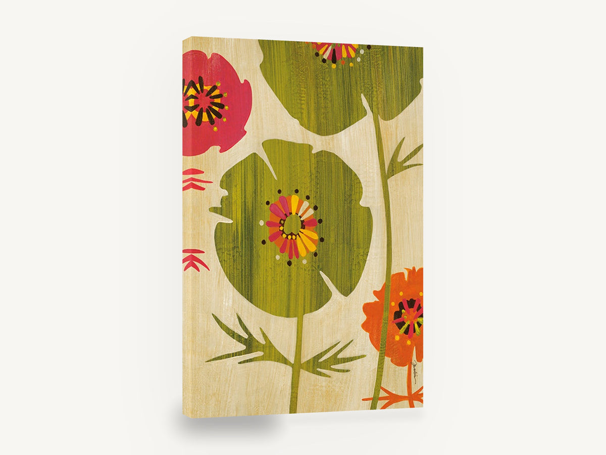 Green Poppy Silhouettes, retro poppy flowers green pink orange, floral canvas wall art print ready to hang