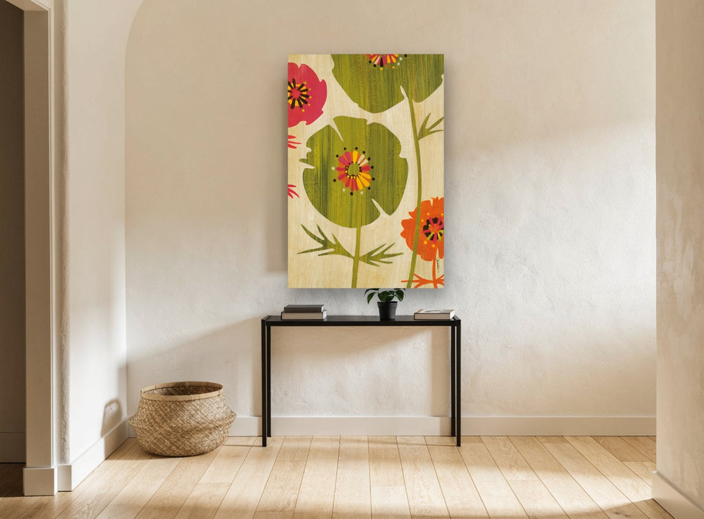Green Poppy Silhouettes floral canvas print on the wall of a hallway