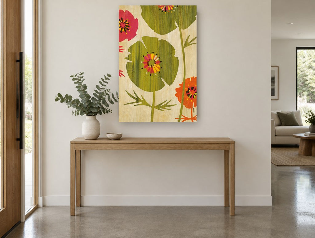 Green Poppy Silhouettes floral canvas print on the wall of a entry hall