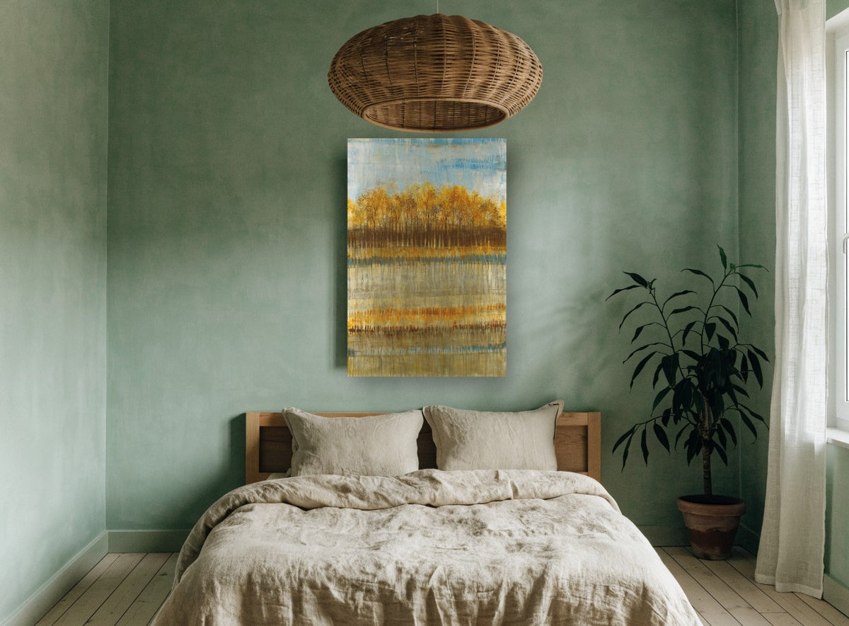 Dripping Gold Treeline landscape canvas print on the wall of a bedroom