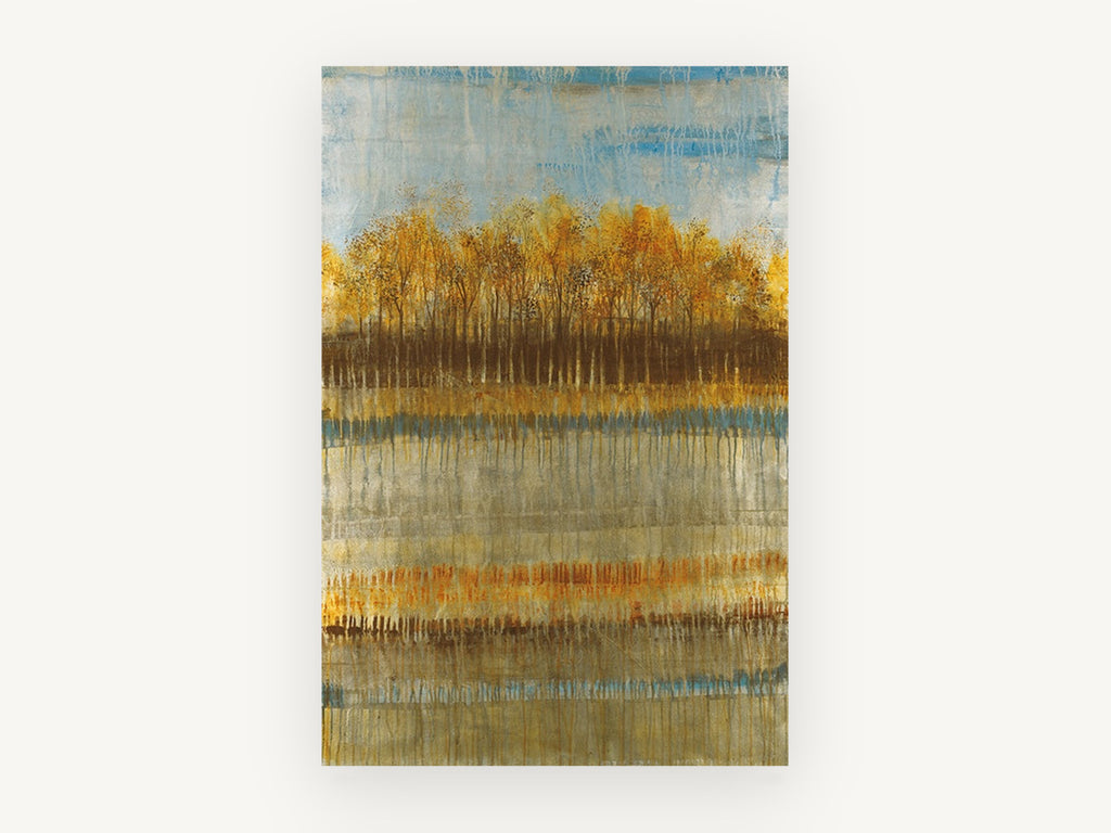 Dripping Gold Treeline, golden autumn trees abstract landscape, landscape canvas wall art print, front view