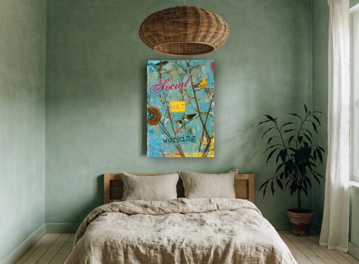 Social Networking Birds vintage canvas print on the wall of a bedroom