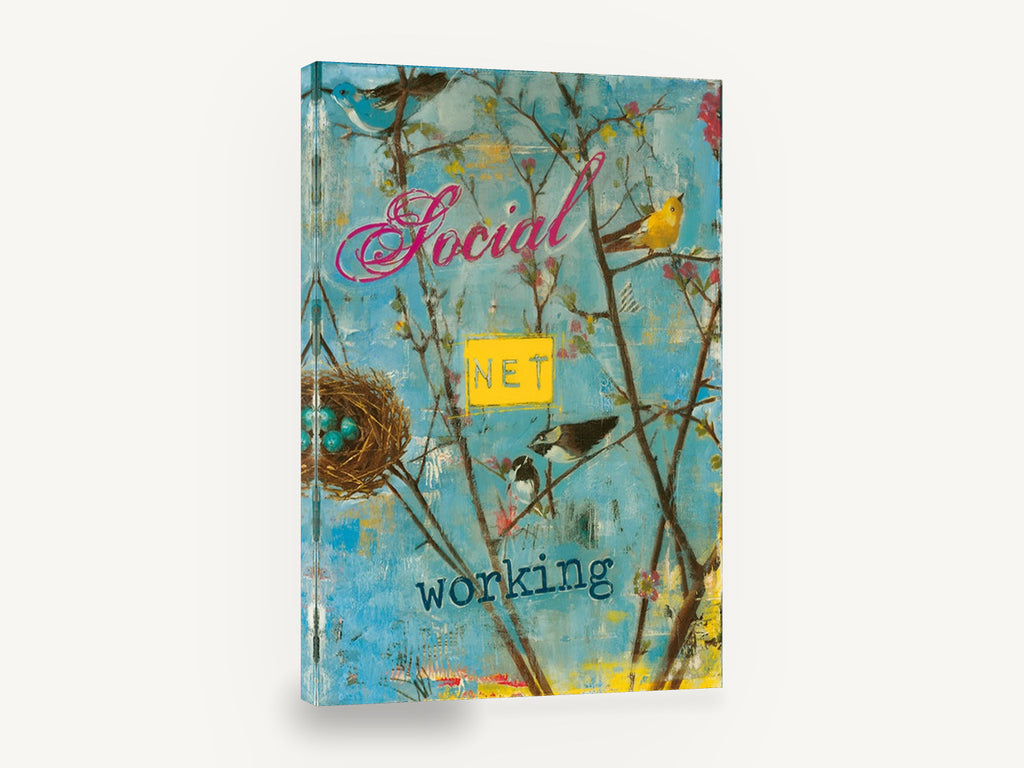 Social Networking Birds, retro birds and blossom typography, stretched canvas wall art print ready to hang