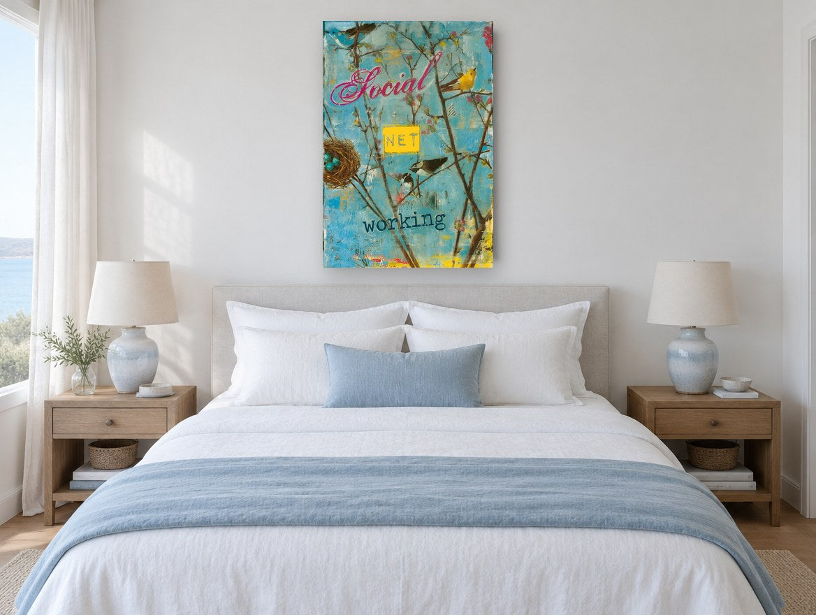 Social Networking Birds vintage canvas print on the wall of a coastal bedroom