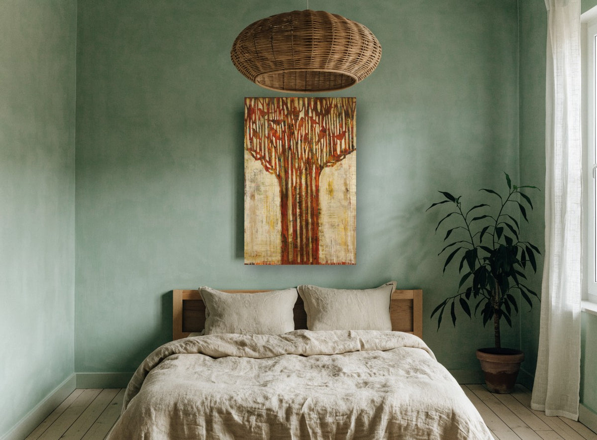 Rust Tree Canopy floral canvas print on the wall of a bedroom