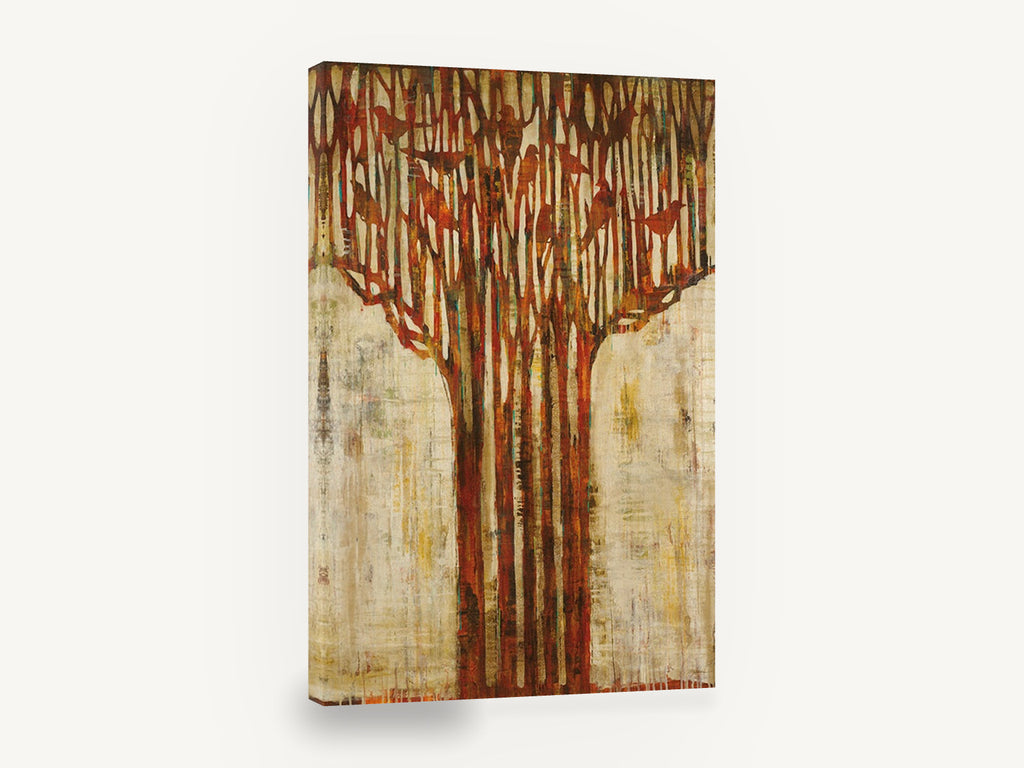 Rust Tree Canopy, abstract tree with birds rust cream, floral canvas wall art print ready to hang