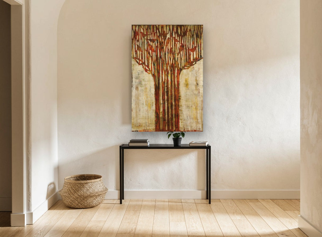 Rust Tree Canopy floral canvas print on the wall of a hallway