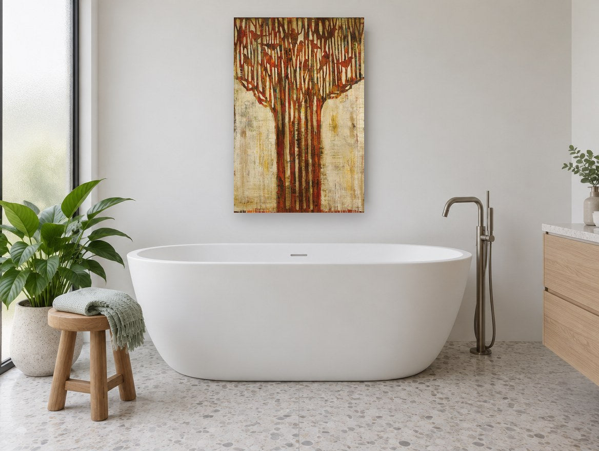 Rust Tree Canopy floral canvas print on the wall of a bathroom