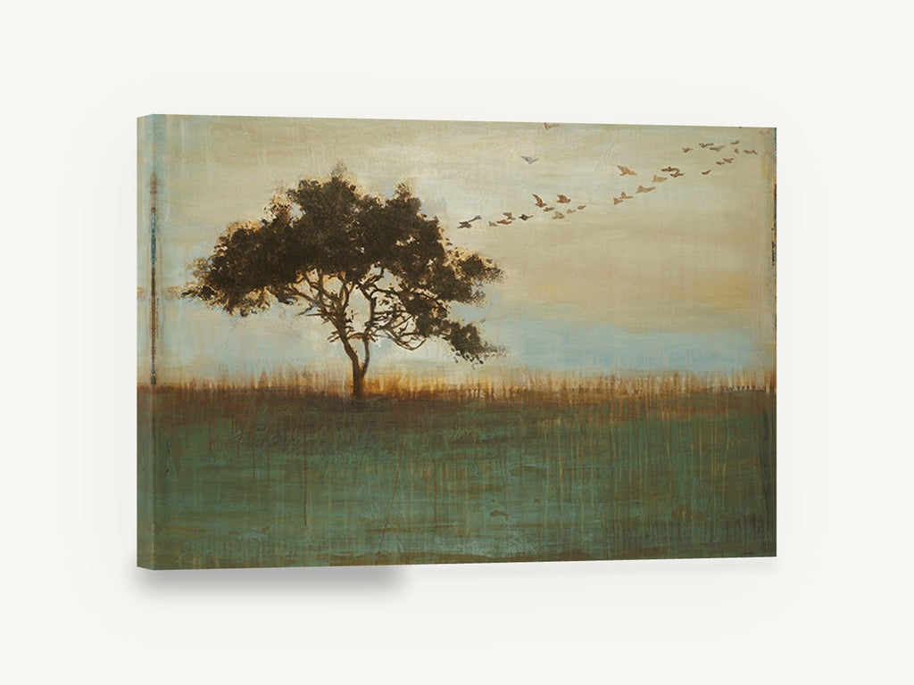 Tree and Migrating Birds, lone tree birds landscape painting, floral canvas wall art print ready to hang