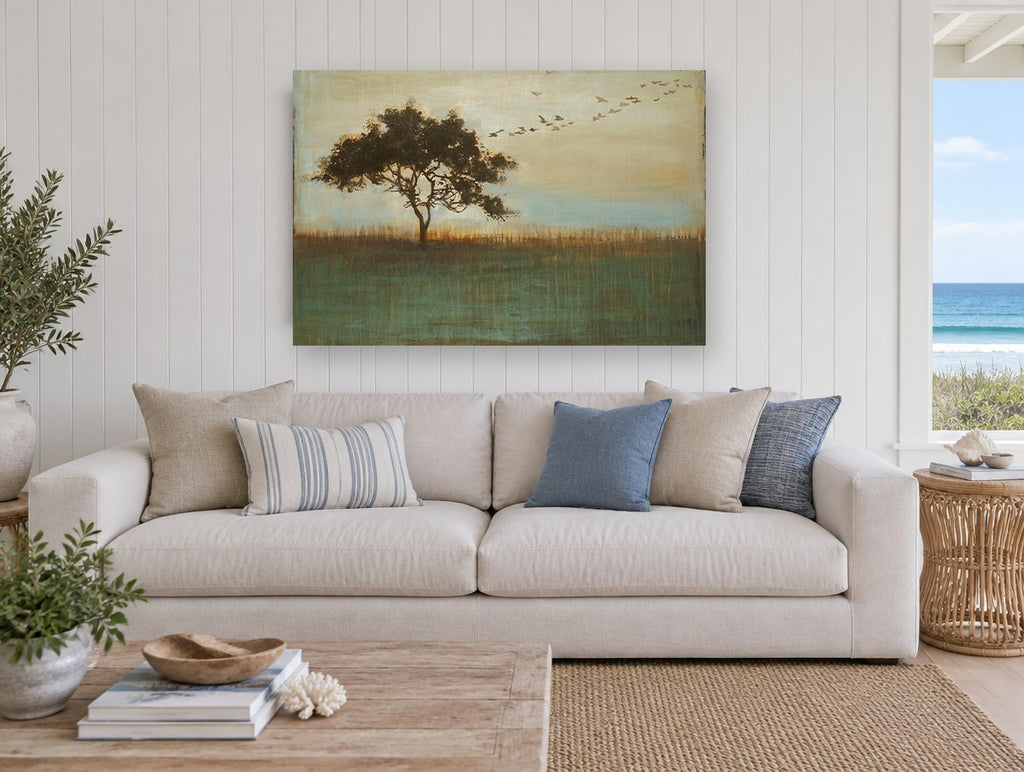 Tree and Migrating Birds floral canvas print on the wall of a beach house living room