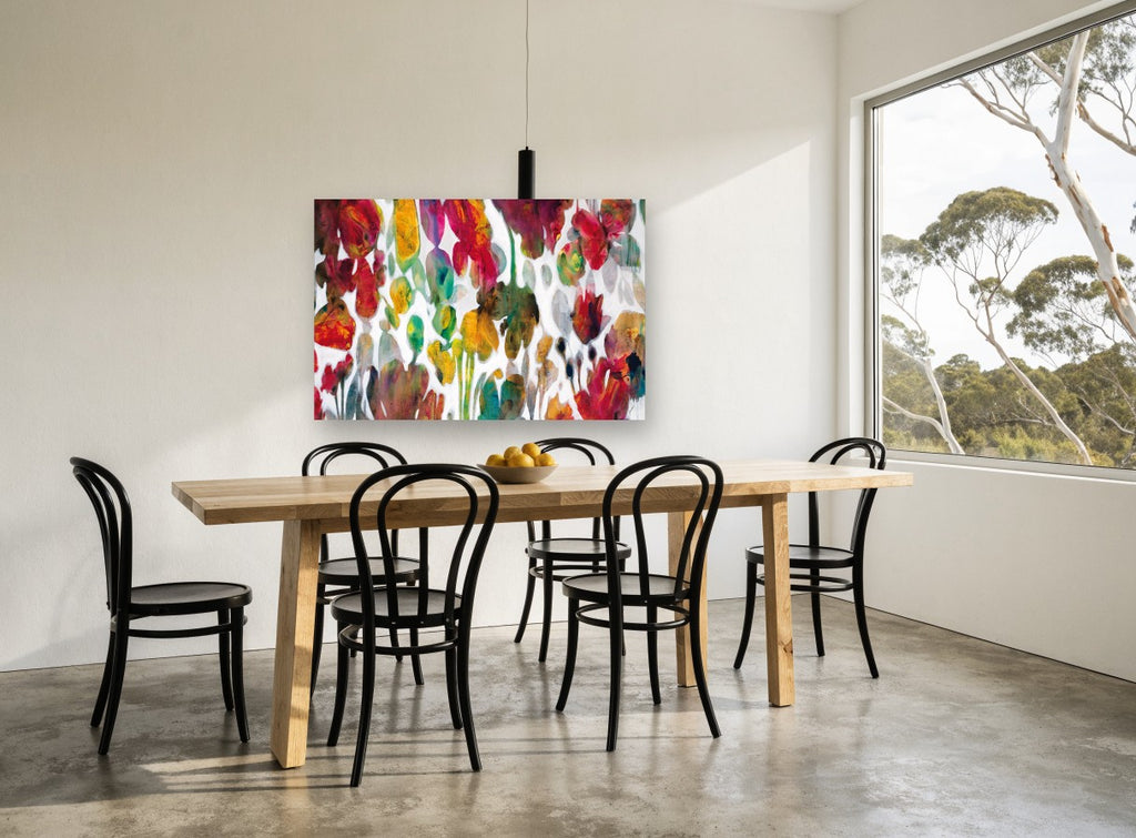 Petal Drift floral canvas print on the wall of a dining room