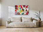 Petal Drift floral canvas print on the wall of a living room