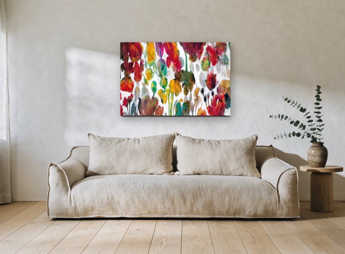 Petal Drift floral canvas print on the wall of a living room