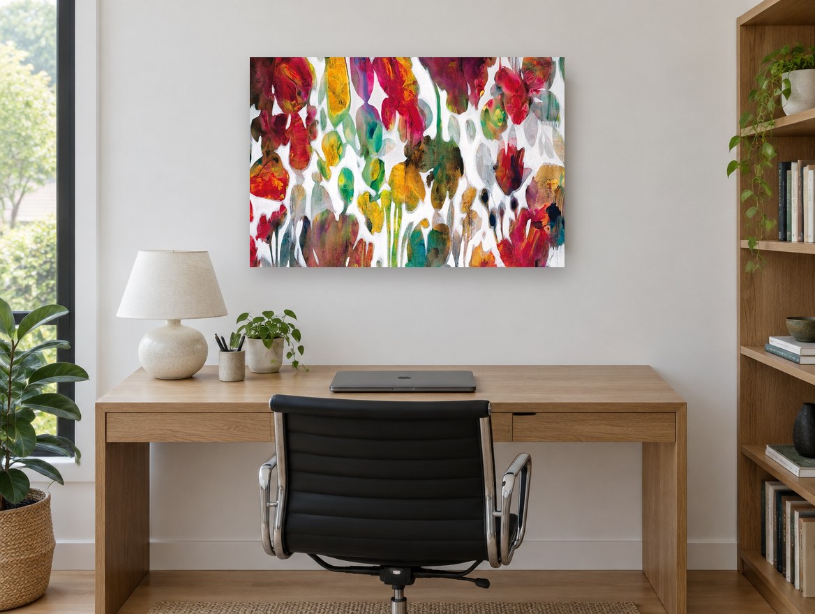 Petal Drift floral canvas print on the wall of a study