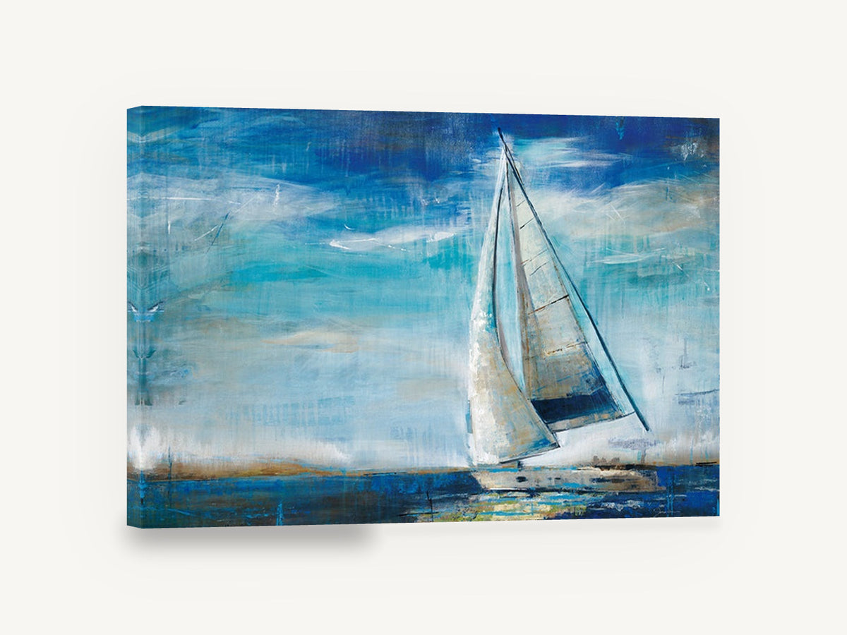 Sails Into Blue, sailboat blue abstract seascape art, coastal canvas wall art print ready to hang