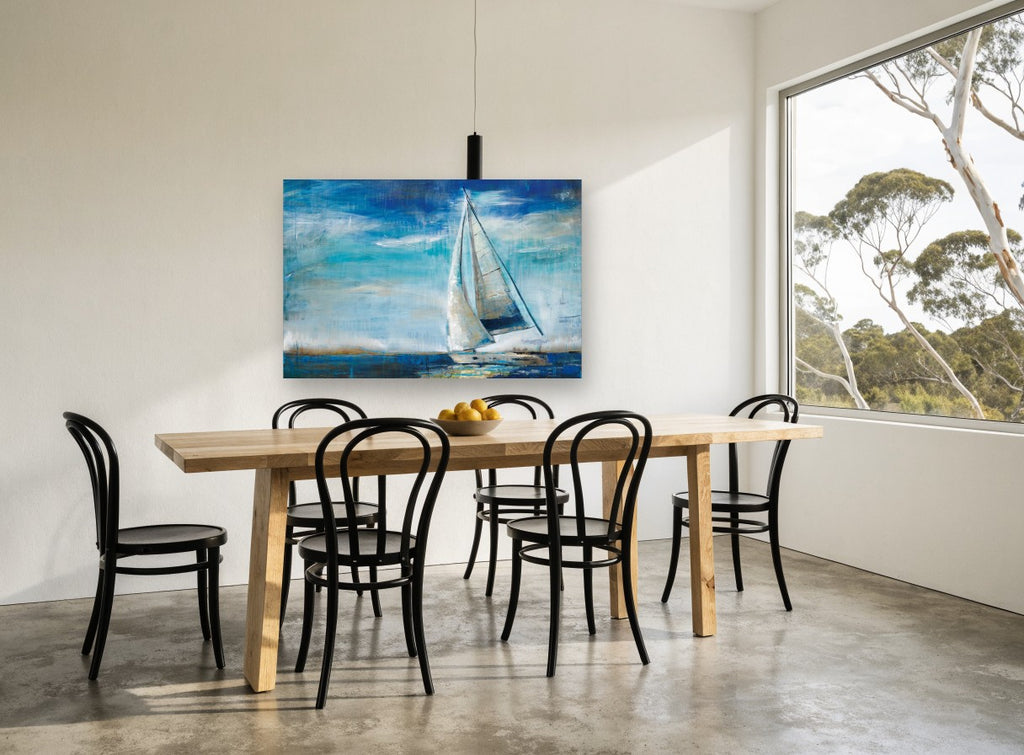 Sails Into Blue coastal canvas print on the wall of a dining room