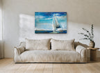 Sails Into Blue coastal canvas print on the wall of a living room