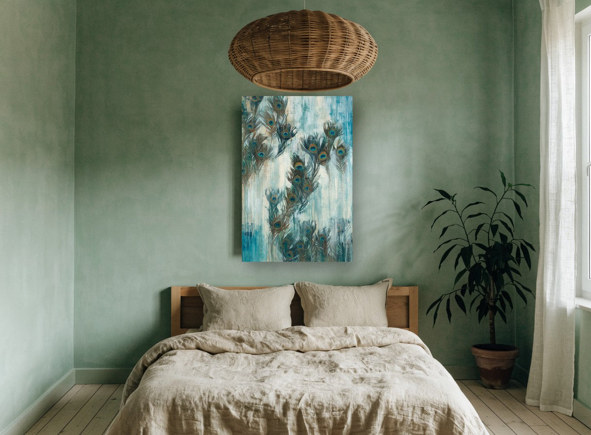 Peacock Feather Drift animal canvas print on the wall of a bedroom