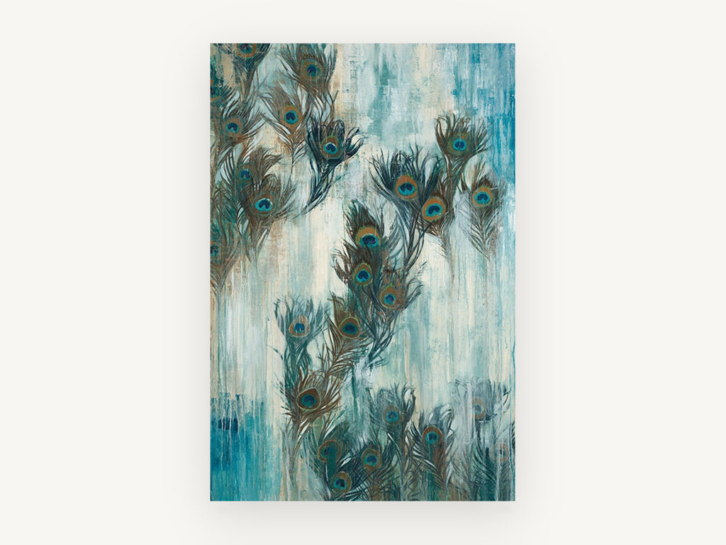 Peacock Feather Drift, peacock feather painting, animal canvas wall art print, front view