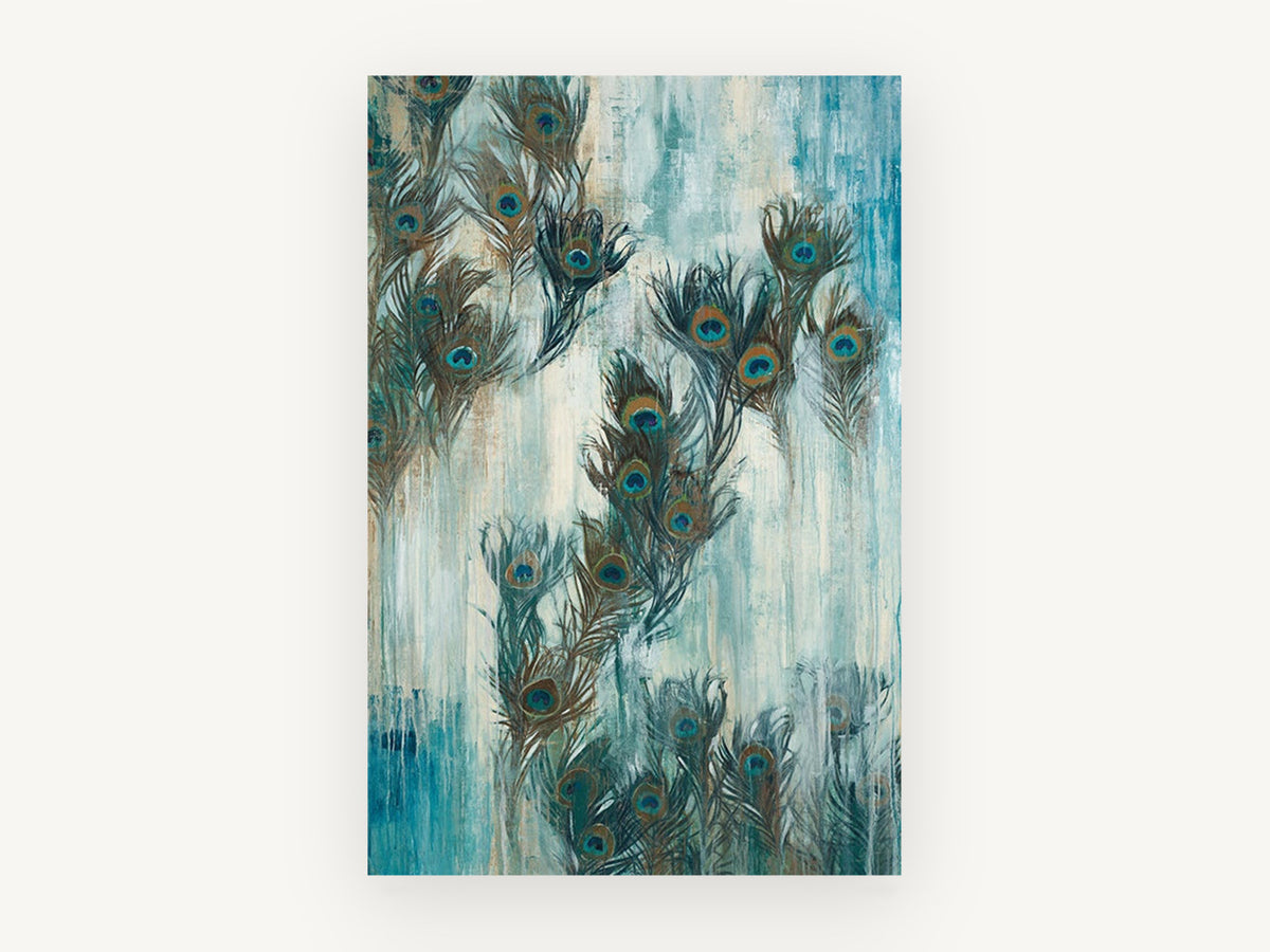 Peacock Feather Drift, peacock feather painting, animal canvas wall art print, front view