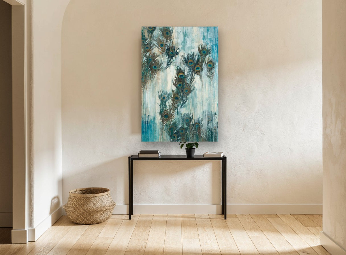 Peacock Feather Drift animal canvas print on the wall of a hallway