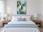 Peacock Feather Drift animal canvas print on the wall of a bedroom