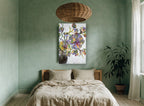 Violet Poppies in Bloom floral canvas print on the wall of a bedroom