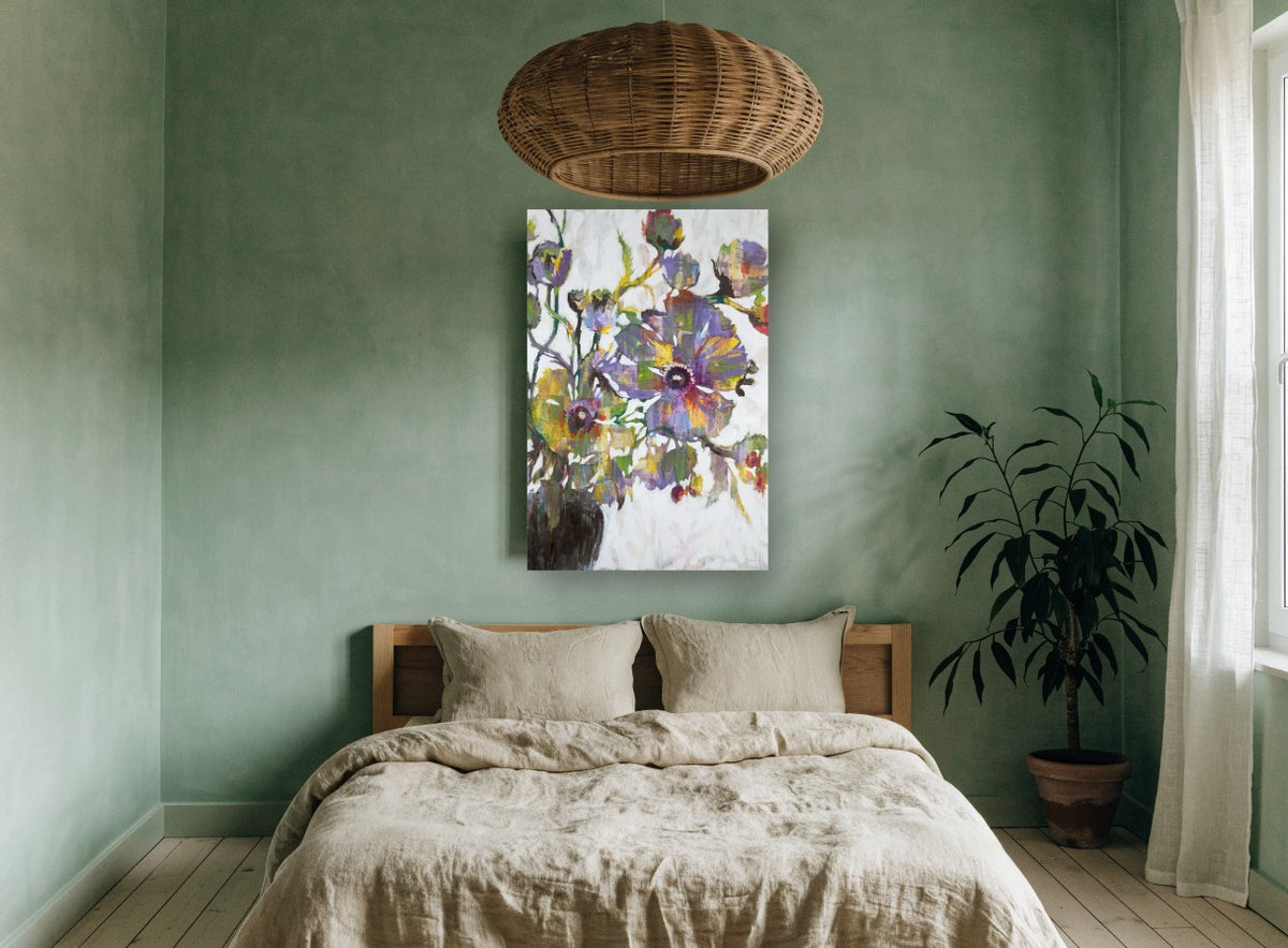 Violet Poppies in Bloom floral canvas print on the wall of a bedroom
