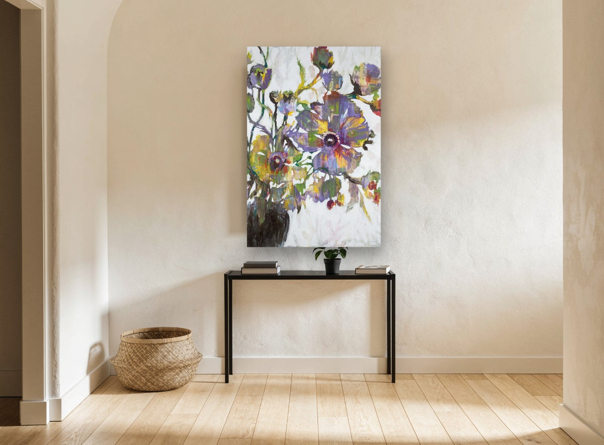Violet Poppies in Bloom floral canvas print on the wall of a hallway