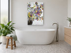Violet Poppies in Bloom floral canvas print on the wall of a bathroom