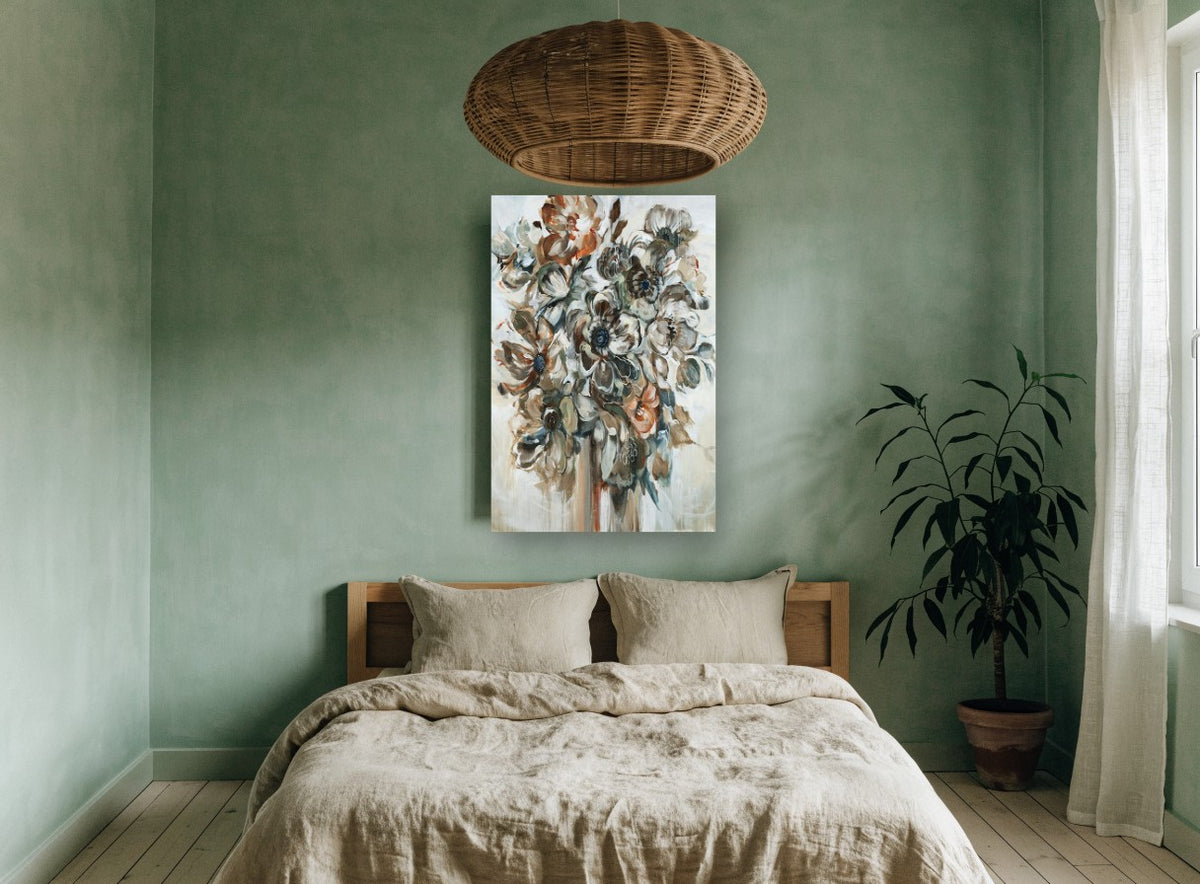 Rust and Slate Bouquet floral canvas print on the wall of a bedroom