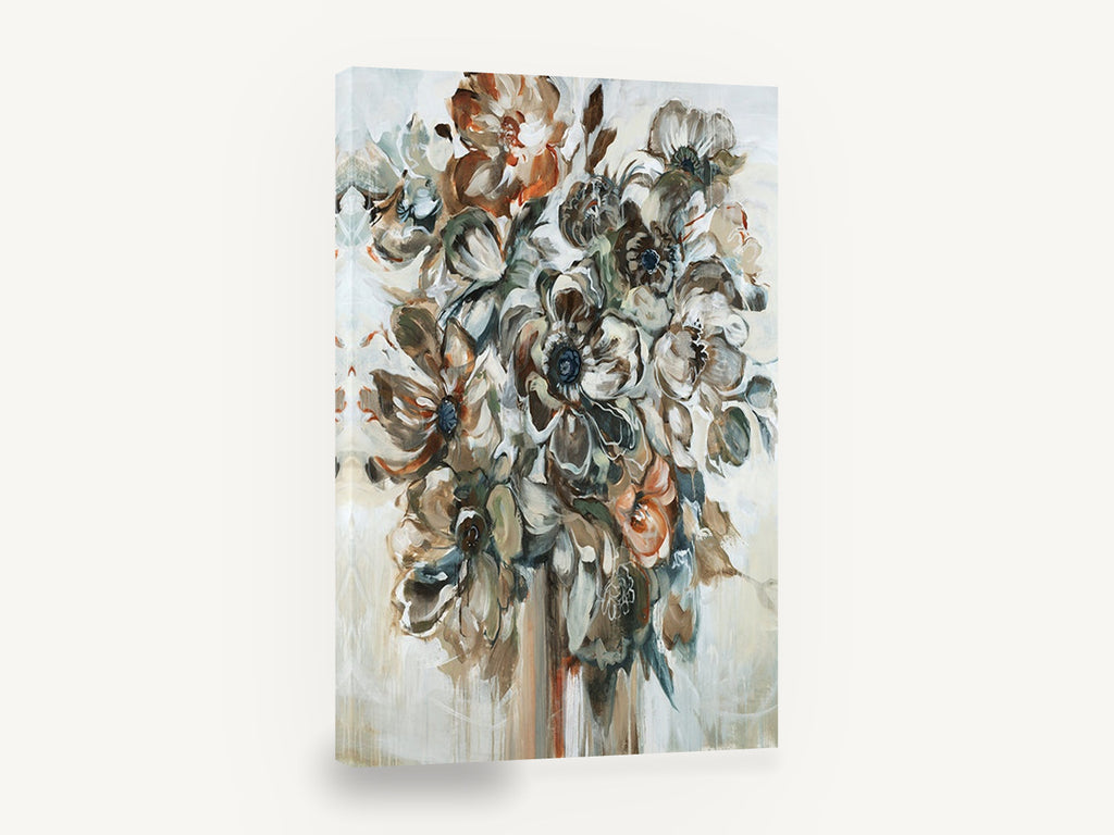 Rust and Slate Bouquet, abstract anemone bouquet earth tones, floral canvas wall art print ready to hang