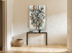 Rust and Slate Bouquet floral canvas print on the wall of a hallway