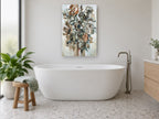Rust and Slate Bouquet floral canvas print on the wall of a bathroom