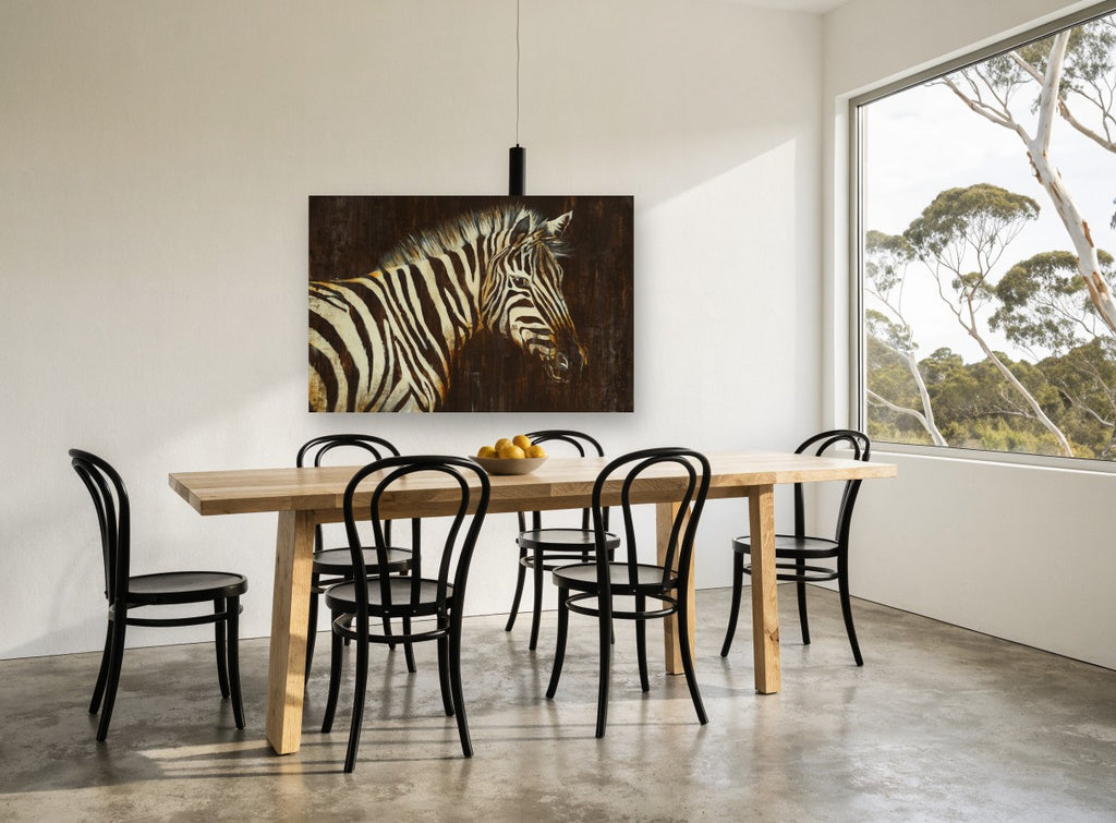 Zebra in Dark Amber animal canvas print on the wall of a dining room
