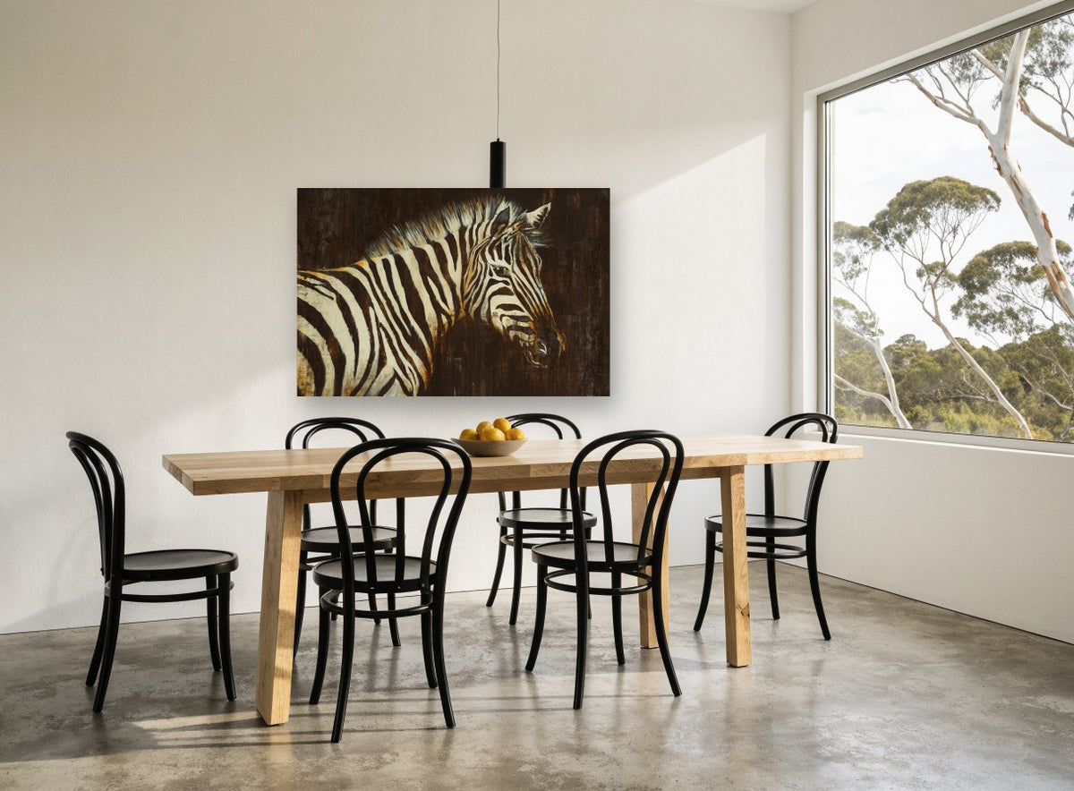 Zebra in Dark Amber animal canvas print on the wall of a dining room