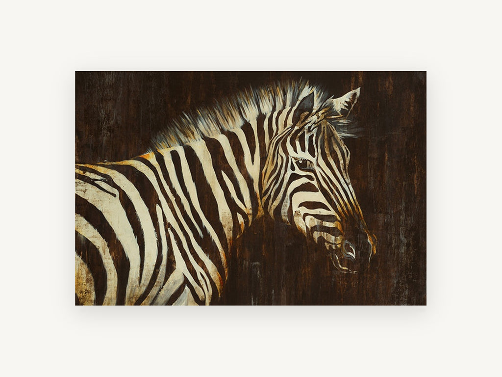 Zebra in Dark Amber, zebra portrait textured illustration, animal canvas wall art print, front view