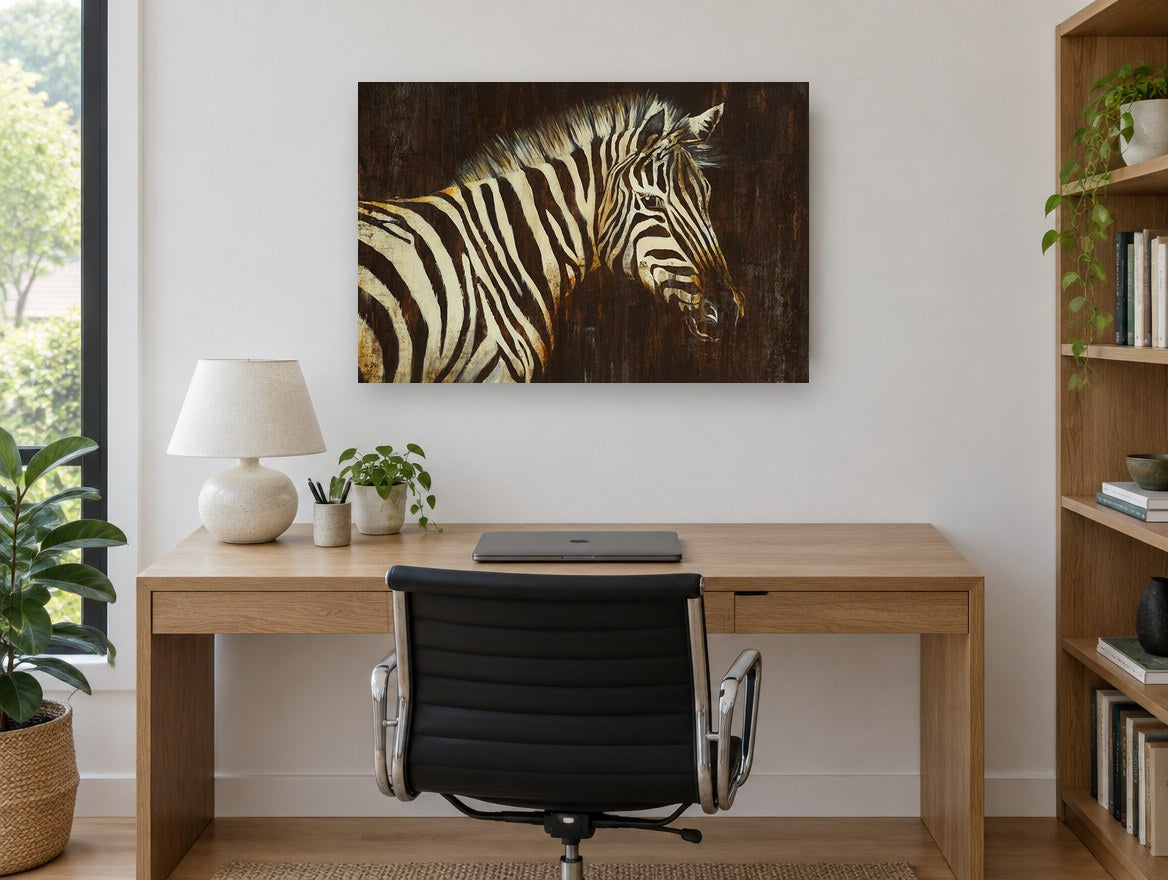 Zebra in Dark Amber animal canvas print on the wall of a study